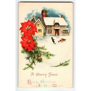 Vintage Christmas Postcard Snowy Village Scene with Poinsettias 5.5x3.5